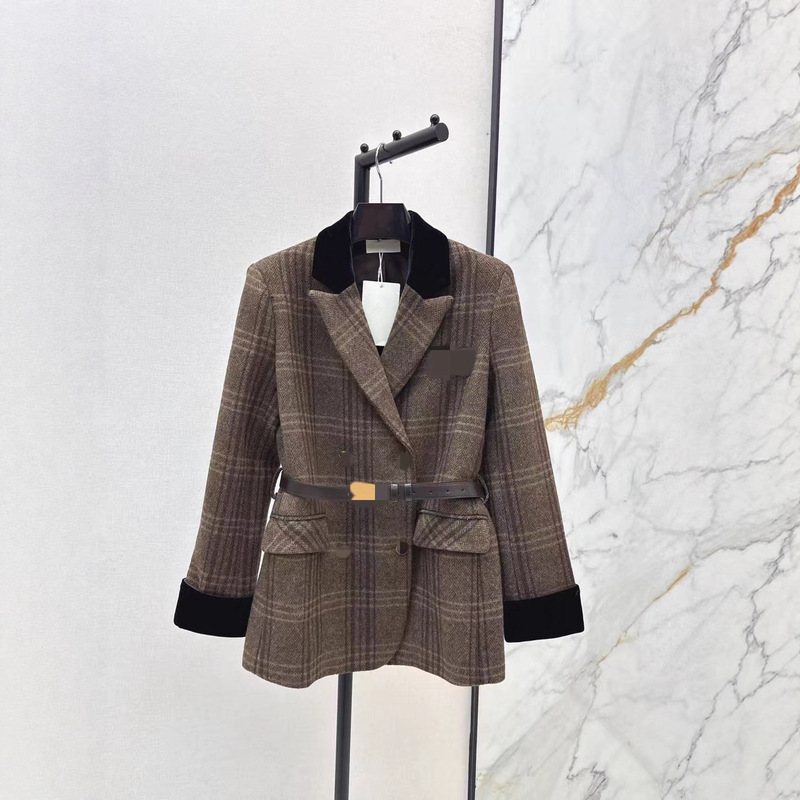 Shenzhen Nanyou 25 Autumn and Winter Retro Elegant Black Velvet Lapel Metal Double-Breasted Plaid Woolen Suit Jacket
