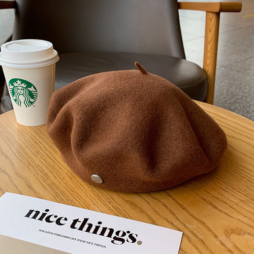 Korean version of ins versatile beret autumn and winter retro temperament literary painter hat solid color woolen beret hat for men and women