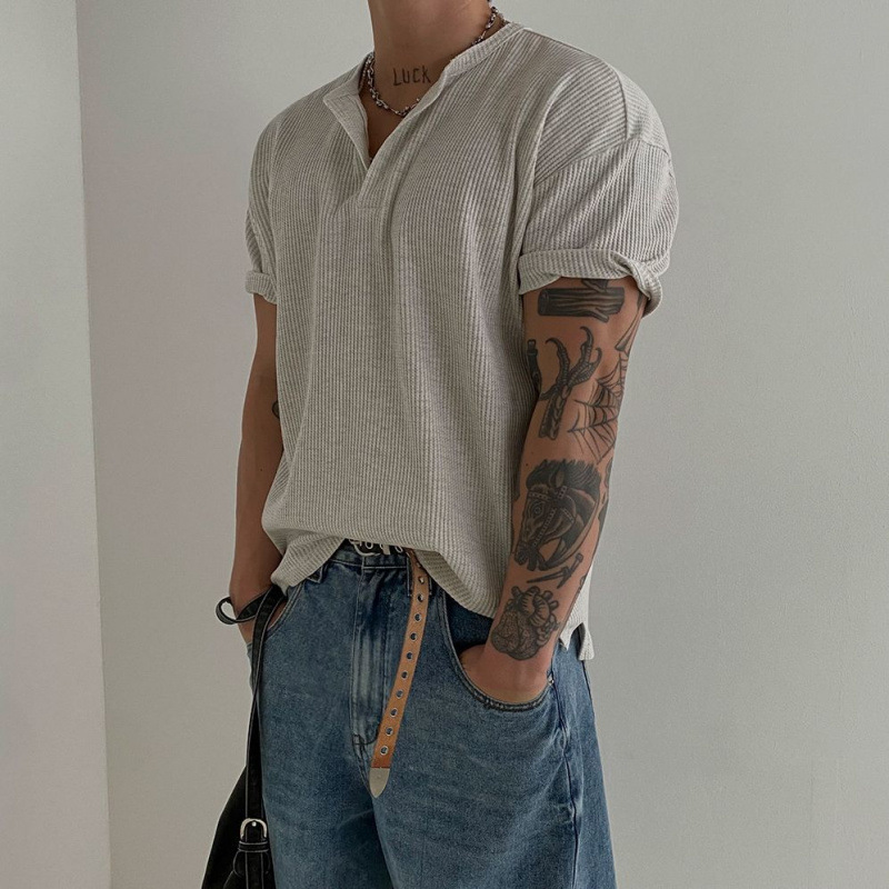 Myq Henry Collar Short-Sleeved T-Shirt Men's Summer Loose Casual Work Clothing Wear Korean Old Money Style Half-Sleeved Top