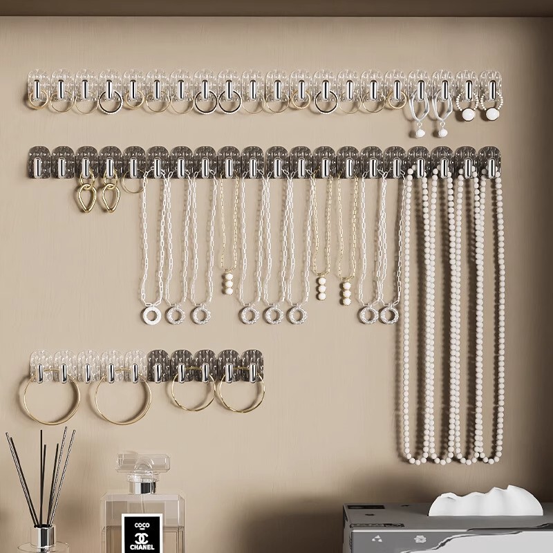 Mini Traceless Row Hooks for Bathroom Mirror Cabinet Doors, Jewelry Adhesive Wall-Mounted Small Hooks, No-Drill Storage, Heavy-Duty