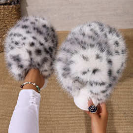 跨境亚马逊新款豹纹长毛包头保暖棉拖鞋女外贸蓬松大码毛拖鞋现货