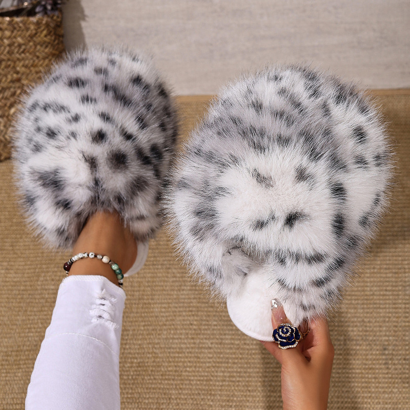 Cross-Border Amazon New Leopard Print Long-Haired Toe Warm Cotton Slippers for Women Foreign Trade Fluffy Large Size Fur Slippers in Stock