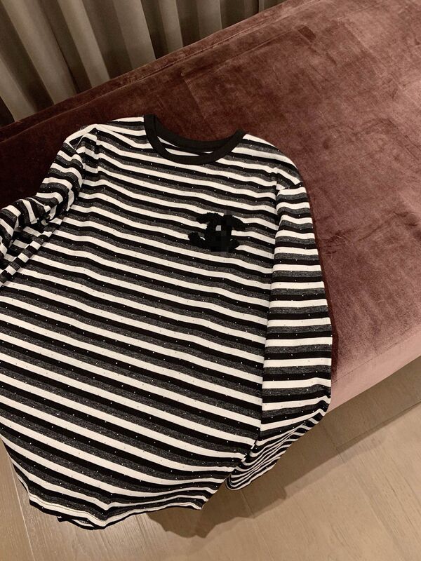 高品质25SS双C家春秋撞色宽松简约百搭中古香烫钻条纹毛巾绣长T|undefined