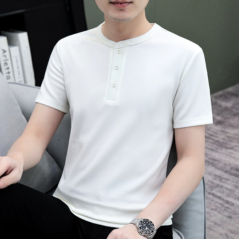 Verano de ropa de hombre de manga corta nueva tendencia de color sólido, camiseta de polo casual de cuello redondo para hombre