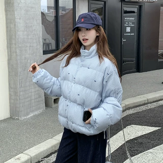 学院风女士撞色条纹蝴蝶结棉服秋冬宽松立领印花面包服棉衣外套