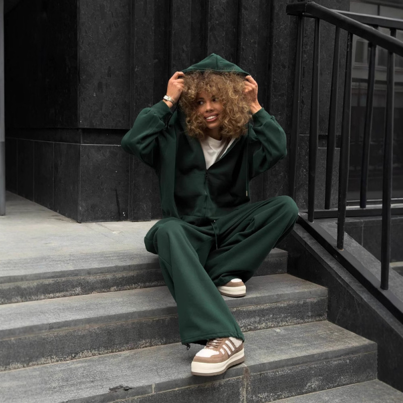 时尚欧美ins女装休闲长袖连帽运动开衫长裤两件套春秋女装棉卫衣|undefined