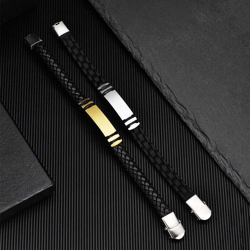 Cross-Border Foreign Trade Retro Men's Braided Rope Titanium Steel Bracelet Custom Engraved Gift New Silicone Stainless Steel Bracelet Cross-Border Foreign Trade Retro Men's Braided Rope Titanium Steel Bracelet Custom Engraved Gift New Silicone Stainless Steel Bracelet
