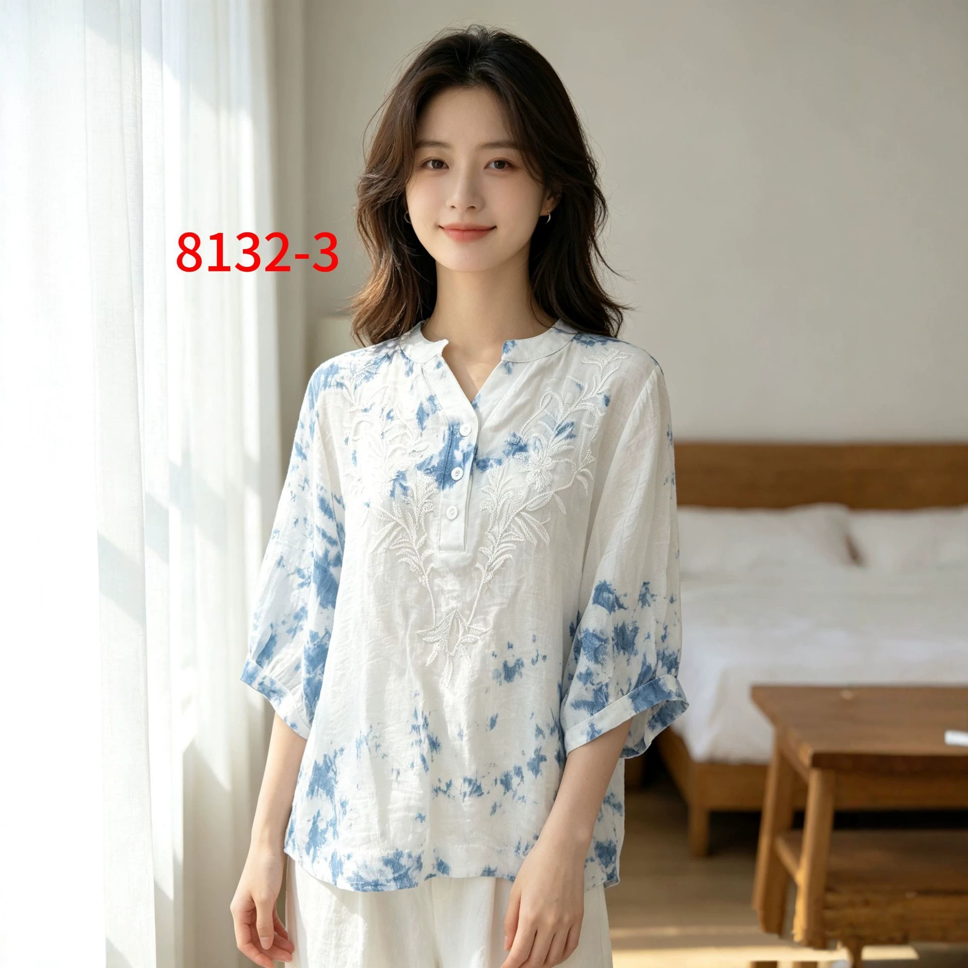 Loose New Printed Shirt, Dali Handmade Plant Tie-Dye White Top, Comfortable and Versatile Top for Women