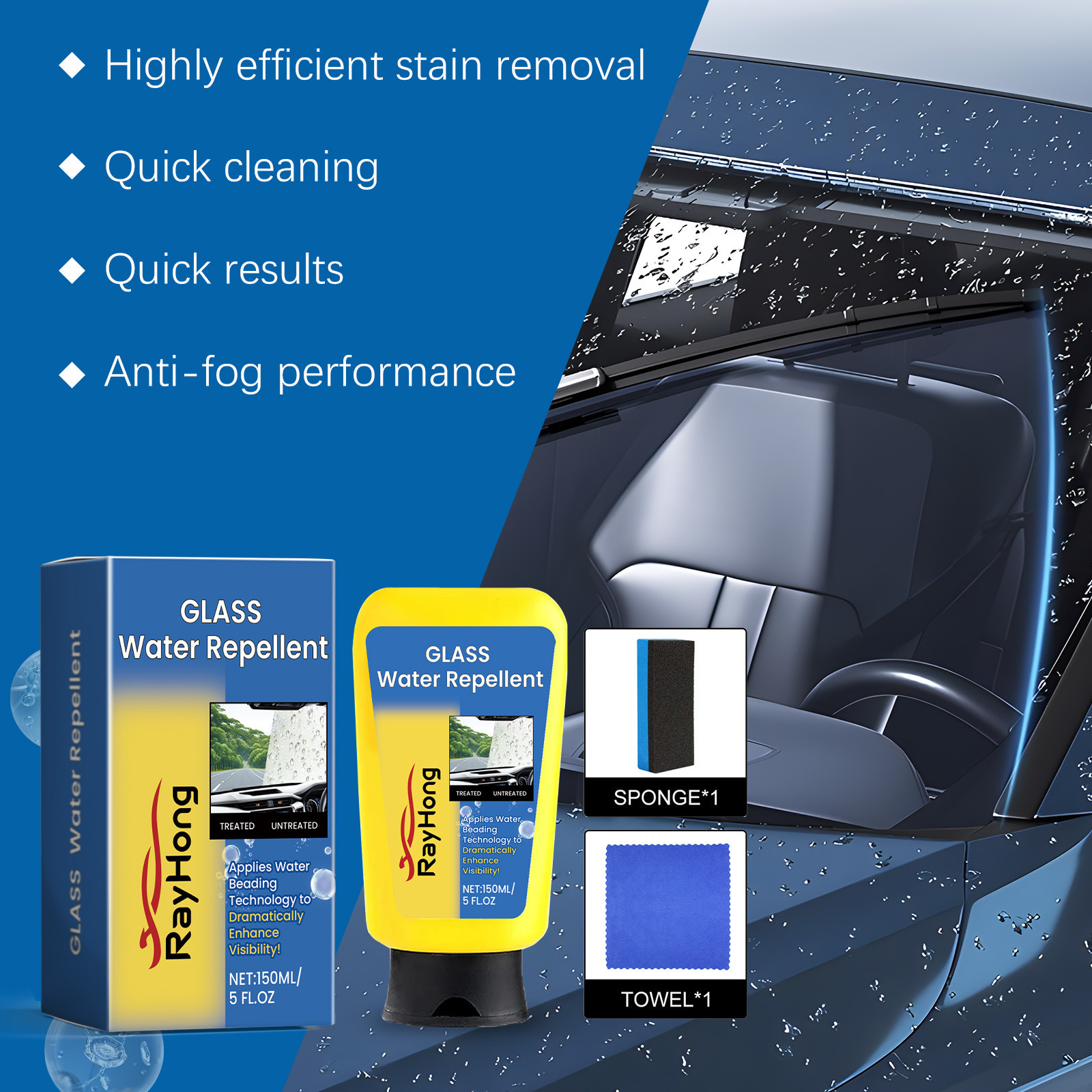Rayhong Car Glass Oil Film Cleaner, Car Window Windshield Cleaning, Rain-Proof and Anti-Fog Car Glass Cleaner
