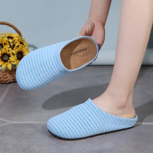 Media pantuflas de puntera transpirable hueca tejida a mano de nicho francés para mujer con zapatos muller de suela gruesa de estilo romano