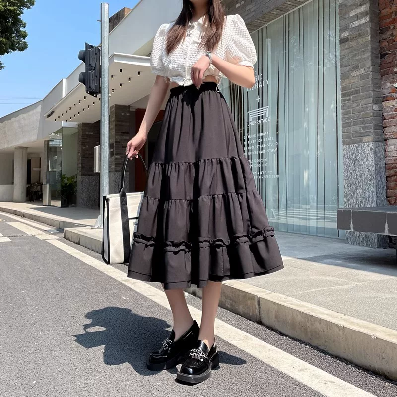[夏季2024新款拼接白色荷叶边百搭遮跨有内衬半身裙女]