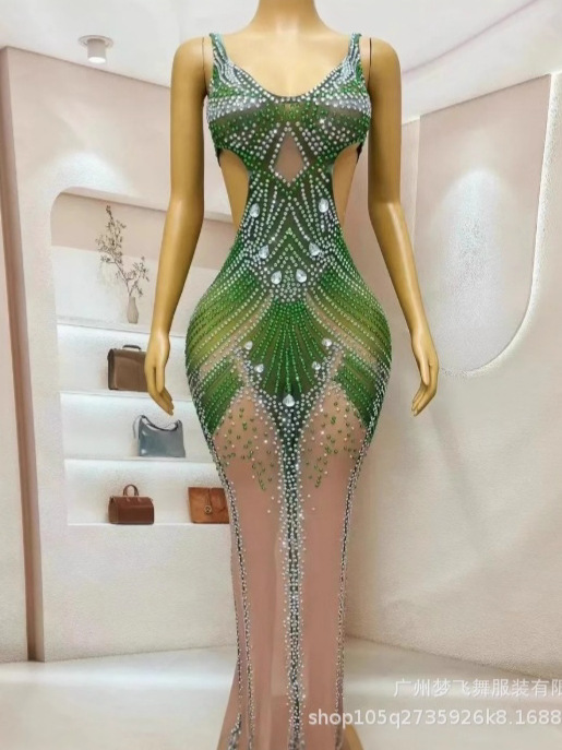 Sexy shiny green pearl rhinestone dress party female singer stage…