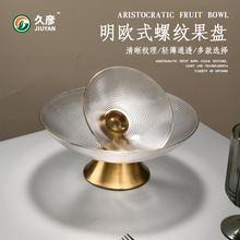 欧式轻奢铜底螺纹玻璃高脚果盘高级感创意水果盘零食点心盘干果盘