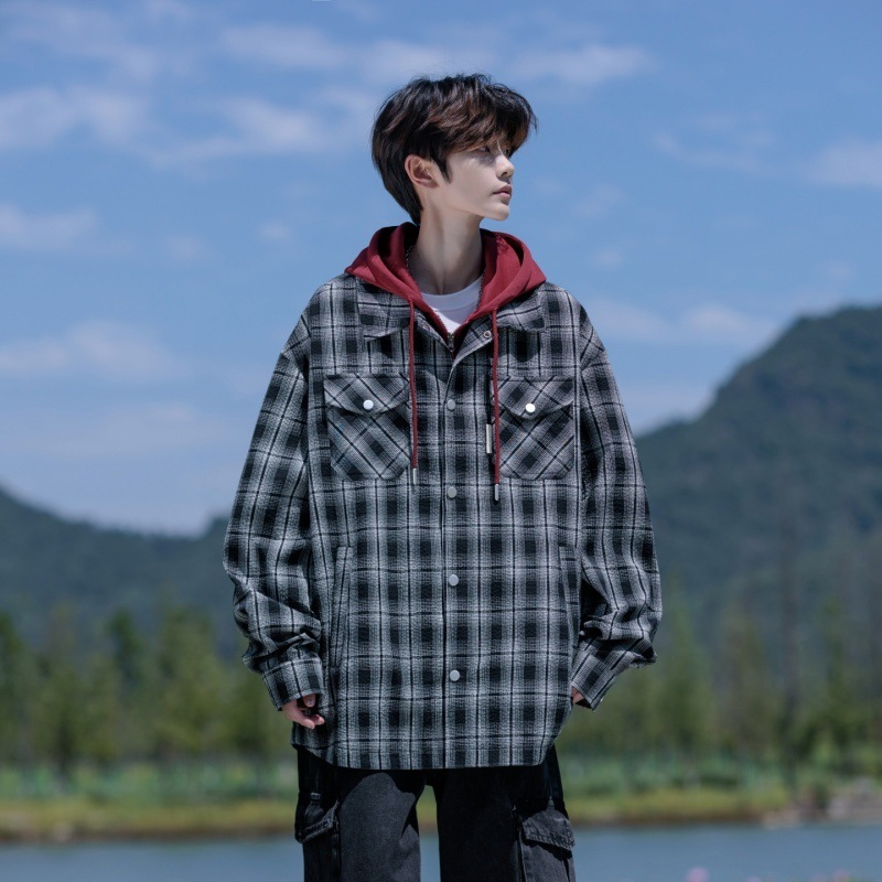 Cross-border wholesale: men's loose-fit, oversized, two-piece style hooded jacket with a bubble gauze plaid pattern, suitable for autumn and winter wear, and designed to be windproof