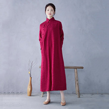 实拍酒红棉麻旗袍提花长袖春秋冬宽松中式改良大码女厚款日常宴会