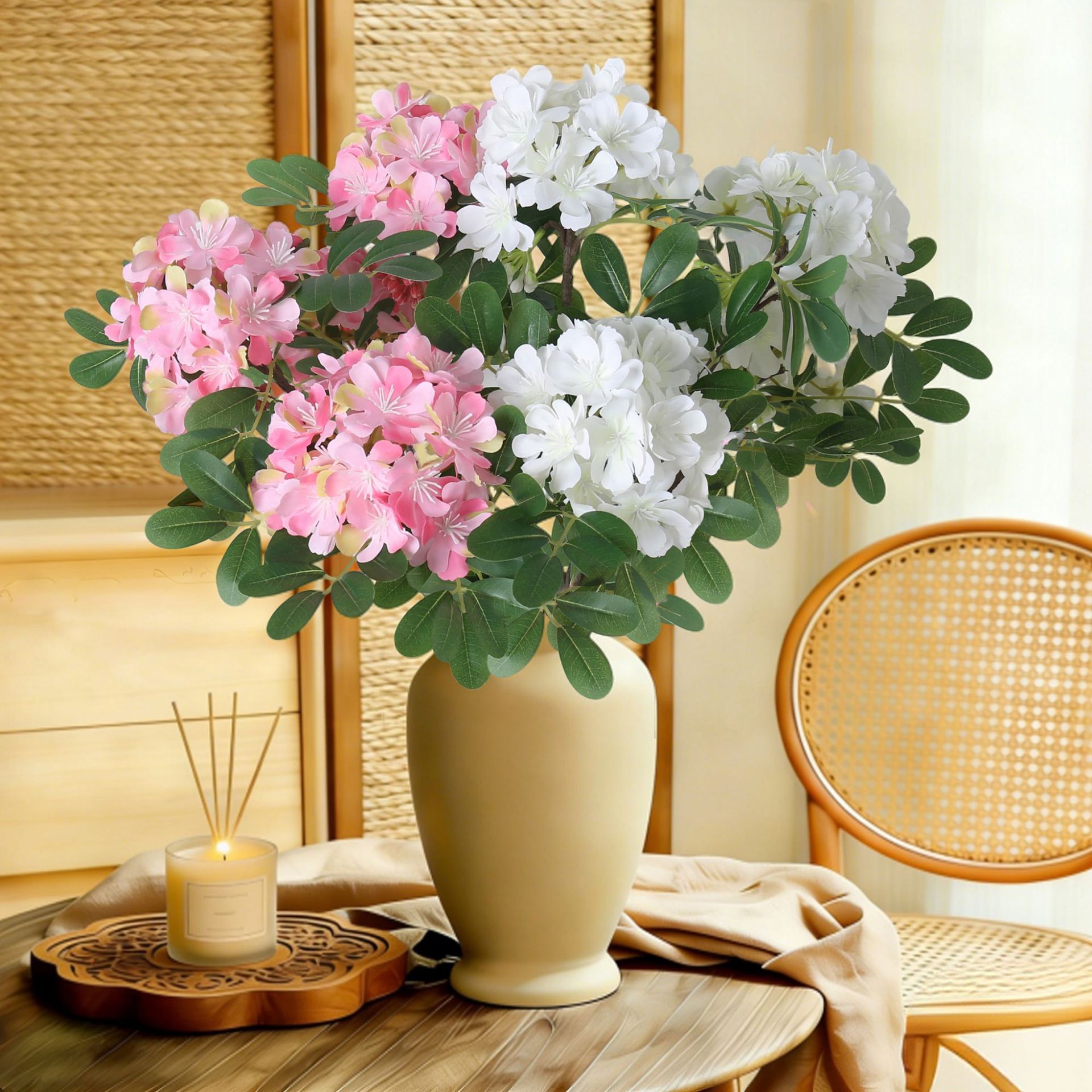 Nuevo rango transfronterizo de flores de hortenes sonrientes con flores verdes de mesa de comedor flores falsas flores de hortenes