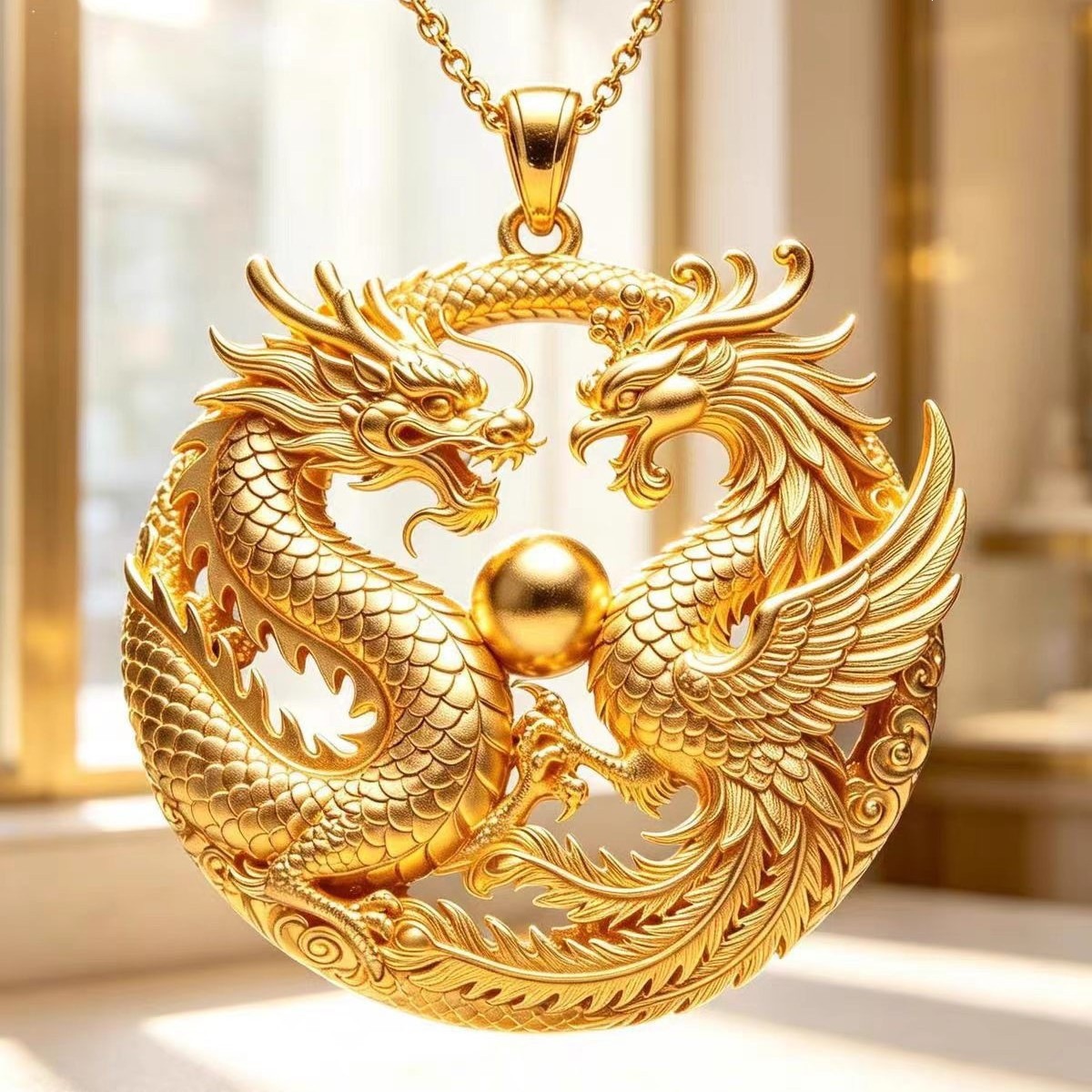 Dragon and Phoenix Playing with Pearls Ancient Enamel Three-Dimensional Relief Inheriting Necklace Jewelry Dragon and Phoenix Auspicious Pendant Dragon and Phoenix Pair