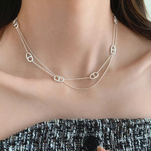 轻奢S925简约纯银设计师猪鼻子圆珠双层毛衣链吊坠金色银色项链女