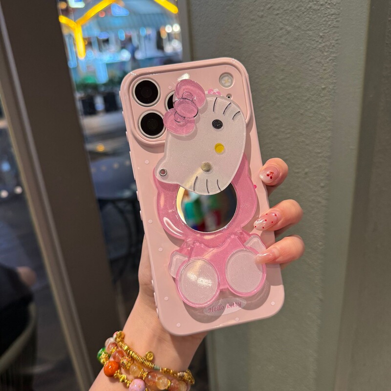 Dopamine Girl Pink Case for Apple 17PRO, Cute KT Mirror iPhone 16 Pro Max Cartoon