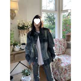 春秋设计感撞色水洗做旧牛仔外套潮牌美式hiphop宽松休闲翻领夹克
