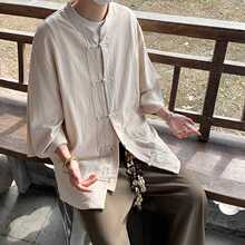夏季新款中国风棉麻短袖衬衫男装中式亚麻唐装汉服盘扣五分袖上衣