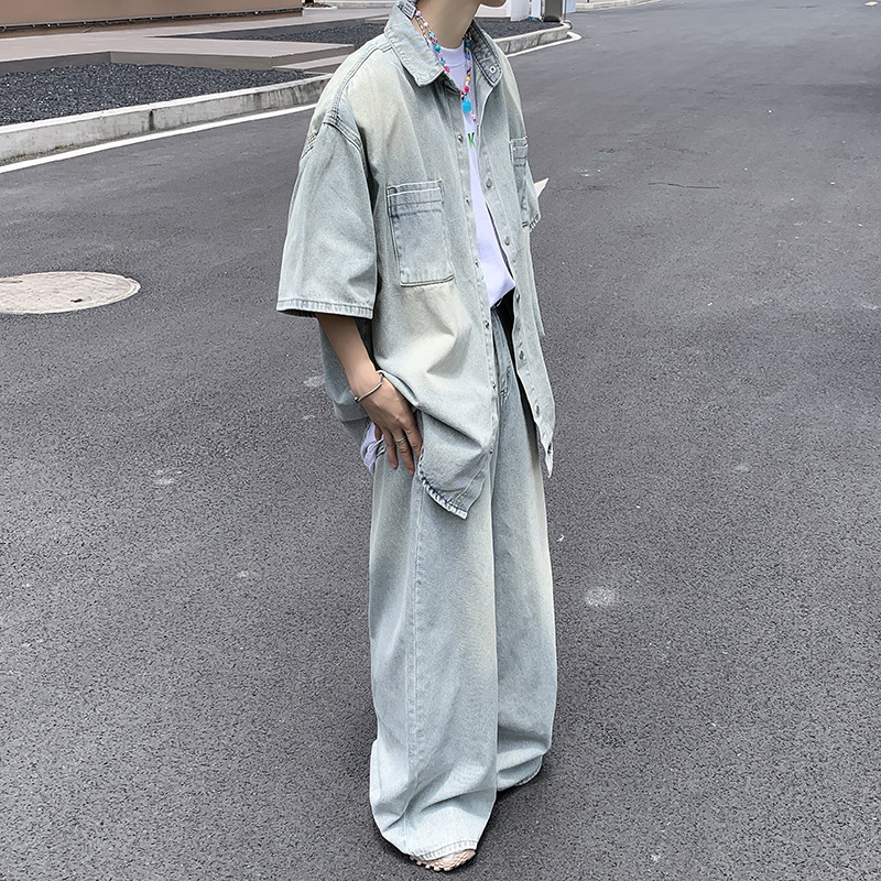 Washed distressed Denim shirt coat men's Japanese fashion brand ruoshuai loose casual suit jeans set matching