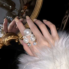 镶钻珍珠不规则设计开口戒指  食指戒 网红个性冷淡风女