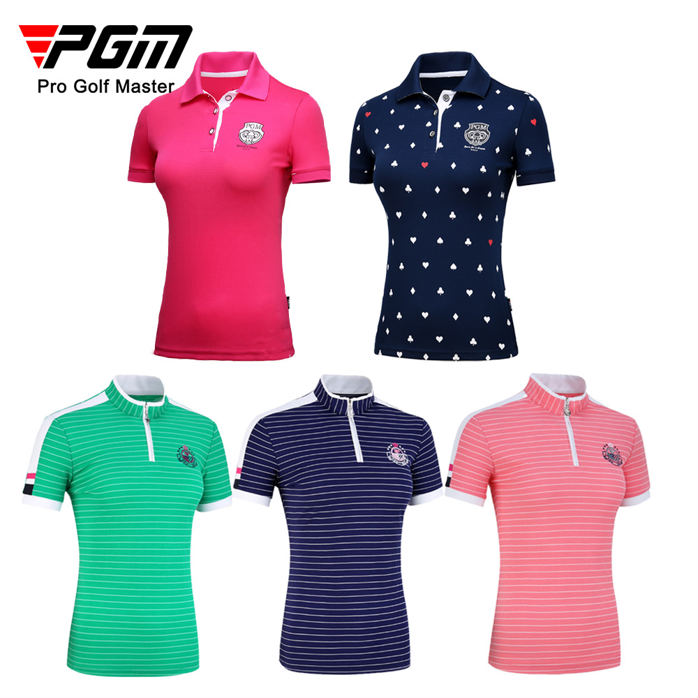 Bộ đồ golf nữ tay ngắn sọc mùa hè — YF075-màu xanh đậm, YF186 nữ sọc ngắn tay màu hồng trắng, YF186 nữ tay ngắn sọc xanh đậm trắng, YF075-màu đỏ hoa hồng