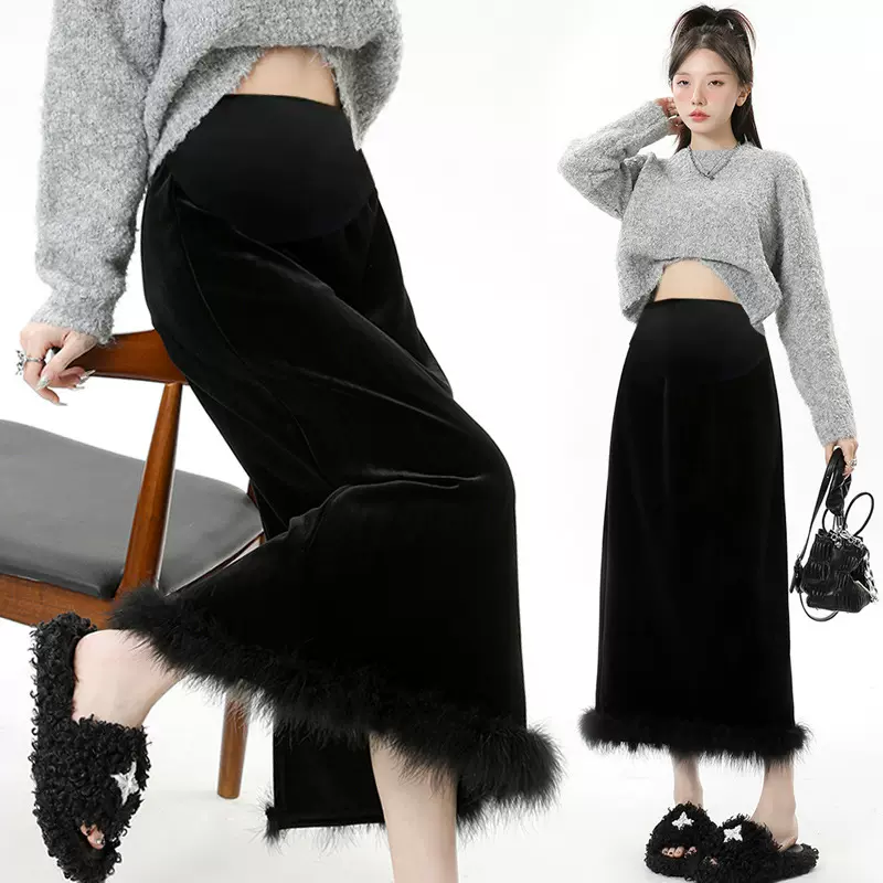 现 孕妇黑色加厚秋冬季丝绒半身裙感毛绒包臀长裙直筒开叉裙