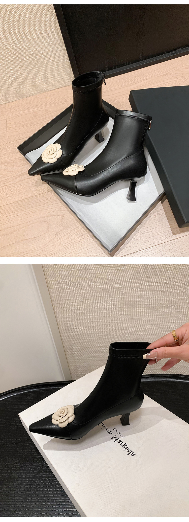 Boot nữ cổ thấp mũi nhọn phối màu thanh lịch, gót mỏng 6 cm, khóa kéo sau — màu đen, Màu trắng nhạt chi tiết 9