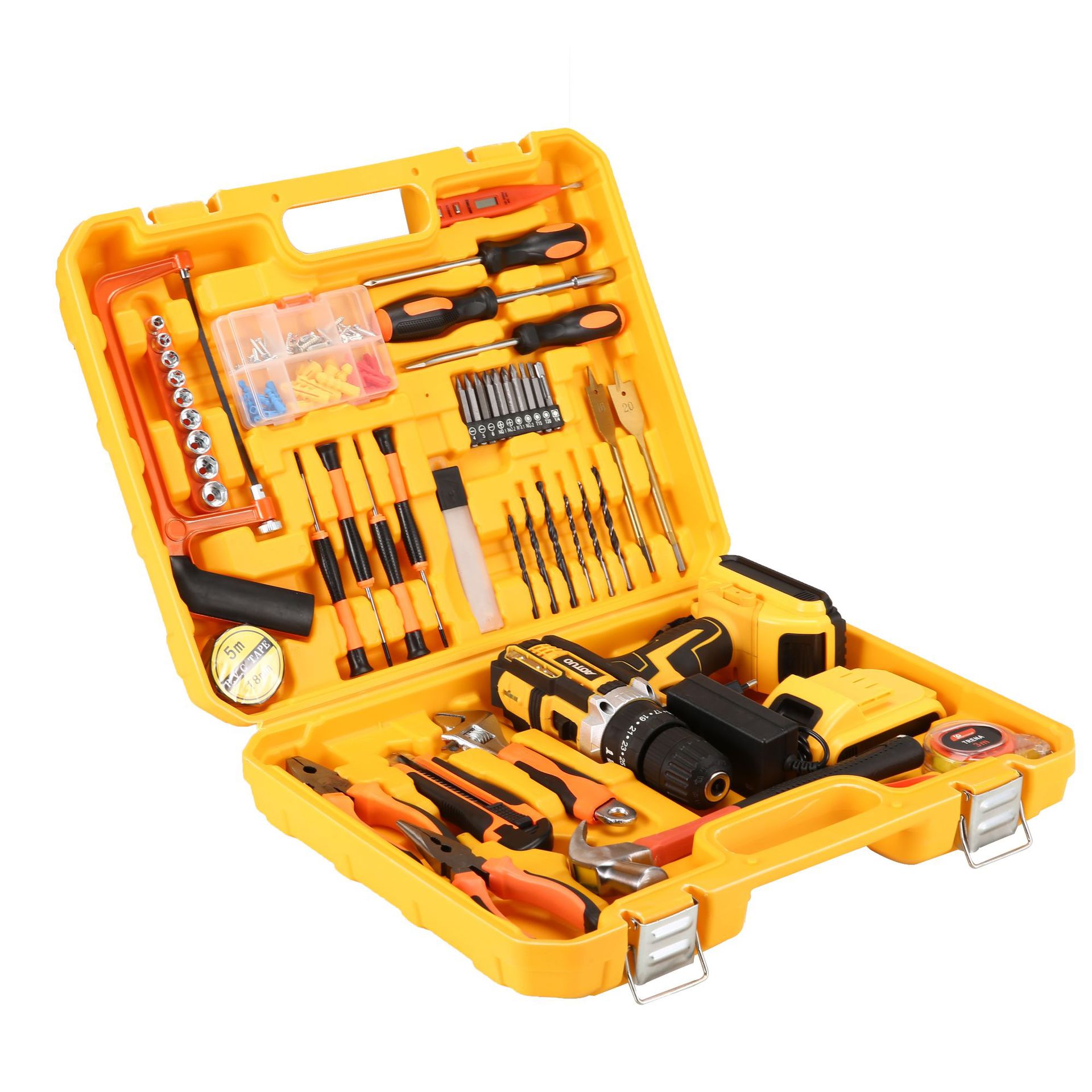 Nuevo conjunto de 124 piezas de taladro eléctrico de mano recargable de litio conjunto de herramientas eléctricas multifuncionales al por mayor