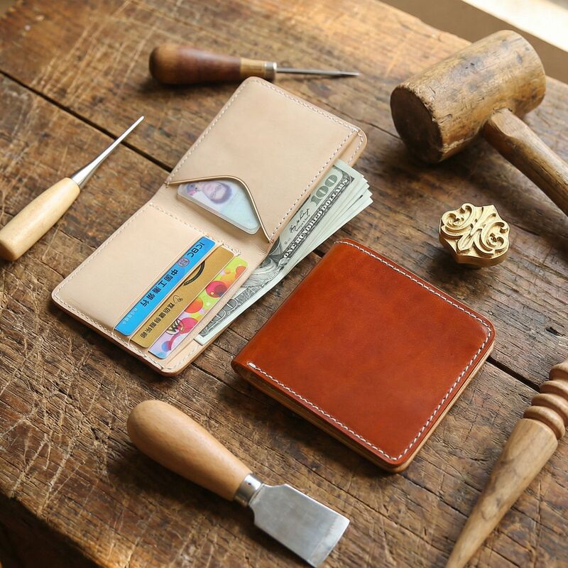 Handmade Vintage Vegetable Tanned Wallet Men's Short Top Layer Cowhide Men's Genuine Leather Simple Wallet Student Men's Wallet