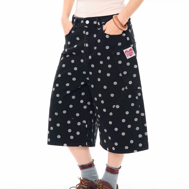 American Retro Polka Dot All-Over Print Denim Cropped Pants for Women, Summer Niche Loose Slimming Wide-Leg Casual Shorts American Retro Polka Dot All-Over Print Denim Cropped Pants for Women, Summer Niche Loose Slimming Wide-Leg Casual Shorts