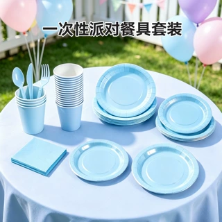 跨境纯色主题家用户外野餐一次性生日派对纸盘杯纸巾刀叉餐具套装
