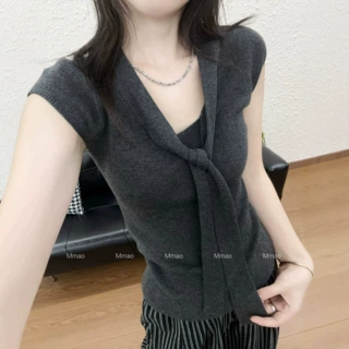 设计感飘带天丝针织衫短袖女夏季薄款气质修身小飞袖V领背心上衣
