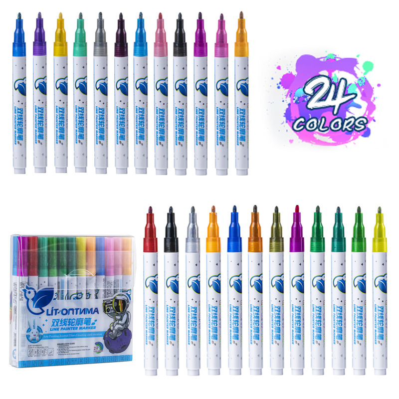 Doble línea de contorno pluma mano cuenta marca pluma Flash pluma marcador de metal oferta especial 12 traje de color plata Fondo pluma fluorescente