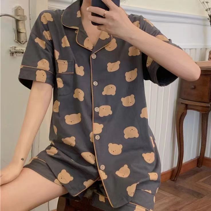 Pijamas de verano de manga corta para mujer, estilo coreano, novedad 2025, conjunto de dos piezas de cárdigan y ropa de estar con dibujos animados.