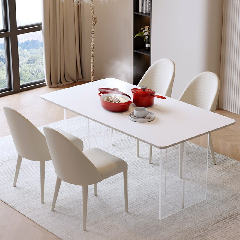 Acrílico roca placa mesa de comedor crema estilo hogar pequeño apartamento moderno simple luz de lujo rectangular mesa de comedor familiar