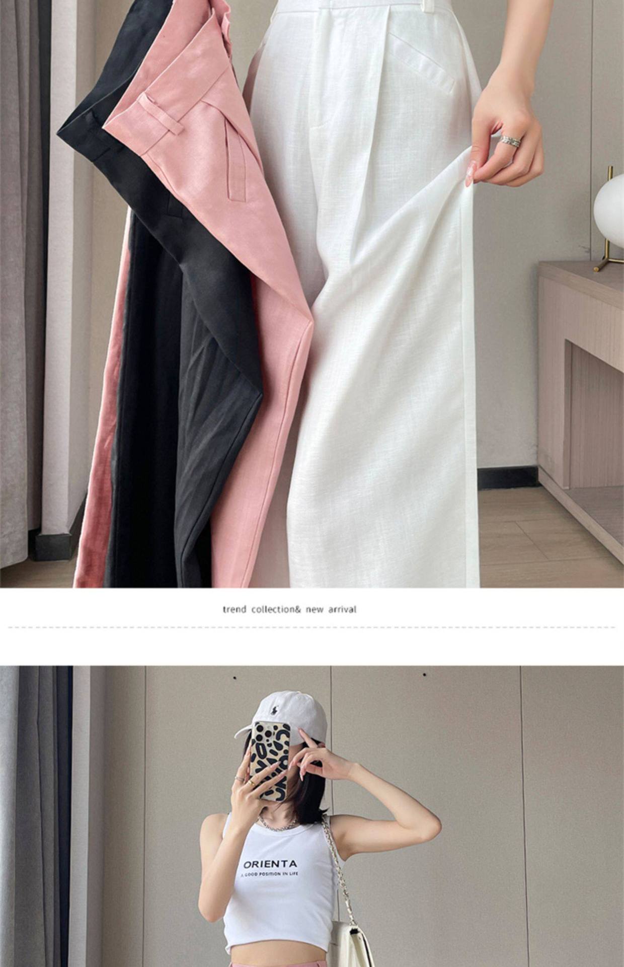 Quần culottes nữ ống rộng cạp cao vải linen cotton mỏng mùa hè — Màu đen thông thường chi tiết 32