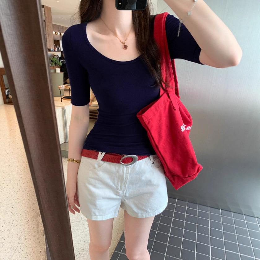 Designed Pure Color Mid-Sleeve U-Neck T-Shirt for Women 2025 Summer Sexy Slim Fit Elastic Bottoming Shirt with Hot Girl Top