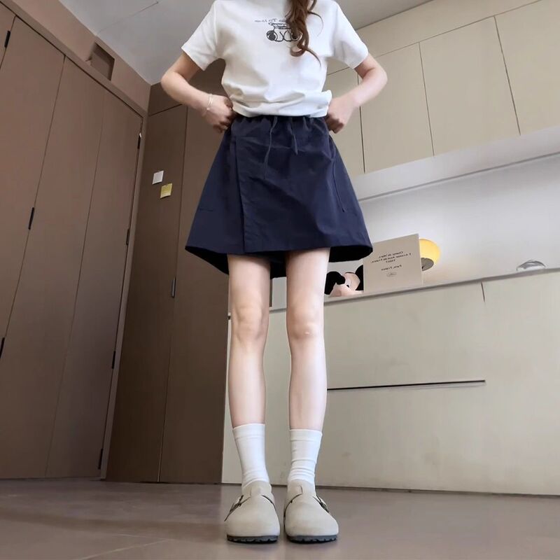 Navy Blue Yamamoto Workwear Skirt Pants for Women, Summer Thin Plus-Size High-Waisted Hip-Covering Slimming A-Line Knee-Length Shorts Trendy