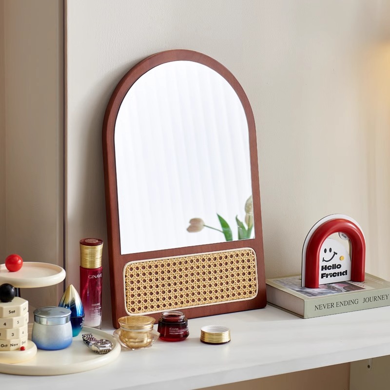 Espejo de maquillaje de madera retro dormitorio doméstico mirillo de caña mirillo de pared mirillo de escritorio mirillo de escritorio grande