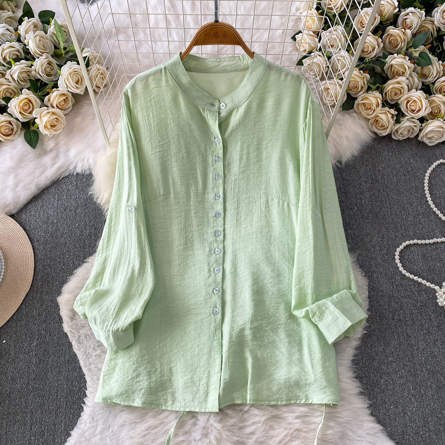 Mambo Mint Green Women's Clothing Set Refreshing Skin Friendly Breathable Loose Fitting Long Sleeved Shirt Jacket with High Waisted Wide Leg Pants_ecoleips.com