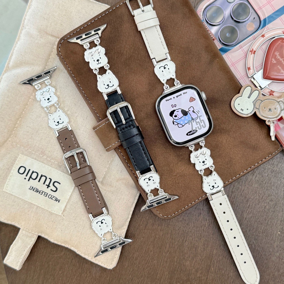 Cartoon Puppy Genuine Leather Apple Watch Strap Suitable for Apple Watch 11S89Iwatch10Se3 Female Niche