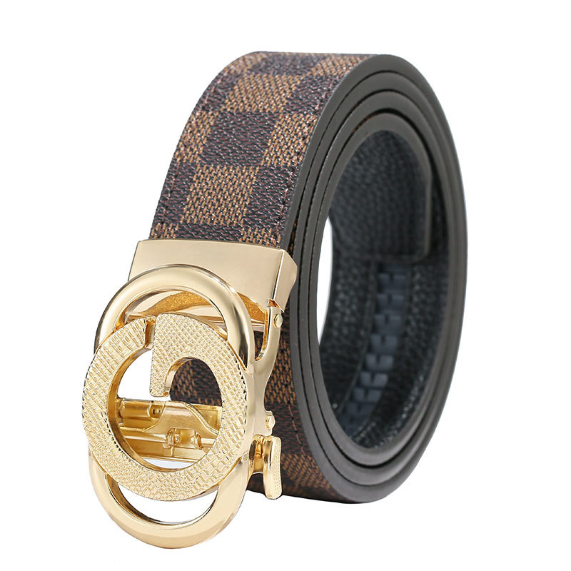 Cinturón de Cuero Genuino de Dos Capas para Hombre, Estampado de Cuadros, Hebilla Automática, Estilo Casual de Lujo