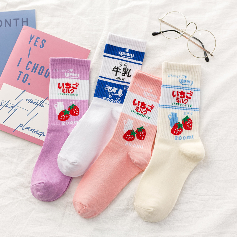 Women's Socks Women's Korean Style Fashionable Stockings ins Japanese Style Harajuku Style Strawberry Milk Student Socks High Stockings