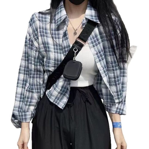 Women's Short-Sleeve Retro Plaid Collar Shirt Sun Protection Top from South Korea
