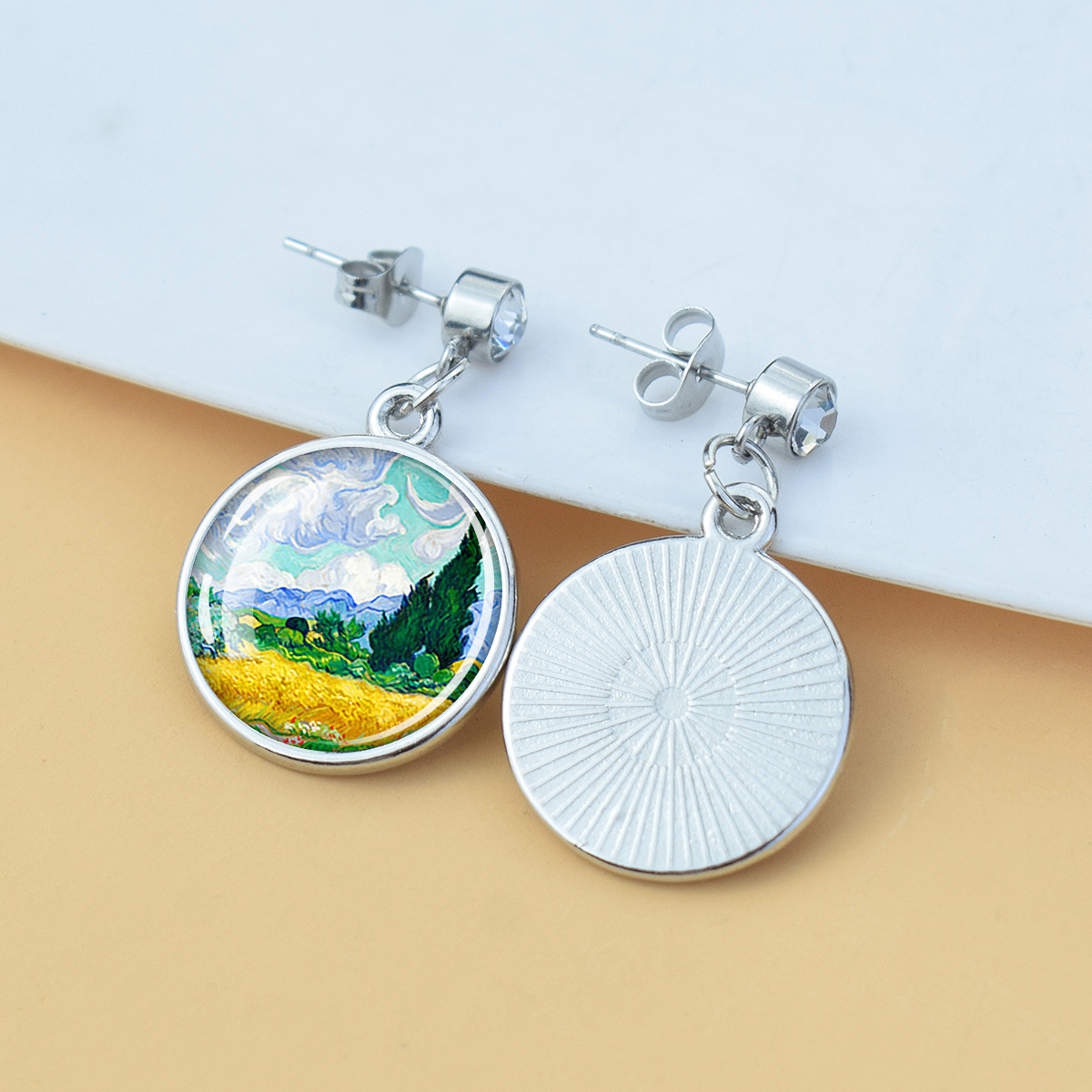 Pendientes de diamantes brillantes de flores Iris de girasol Van Gogh Art Starry Sky Pintura al óleo Pendientes de estilo europeo y americano medieval