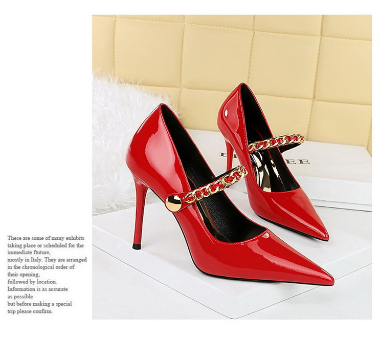 High heels women's shoes slim heels patent leather shallow mouth pointed metal chain line with single shoes_voghion.com