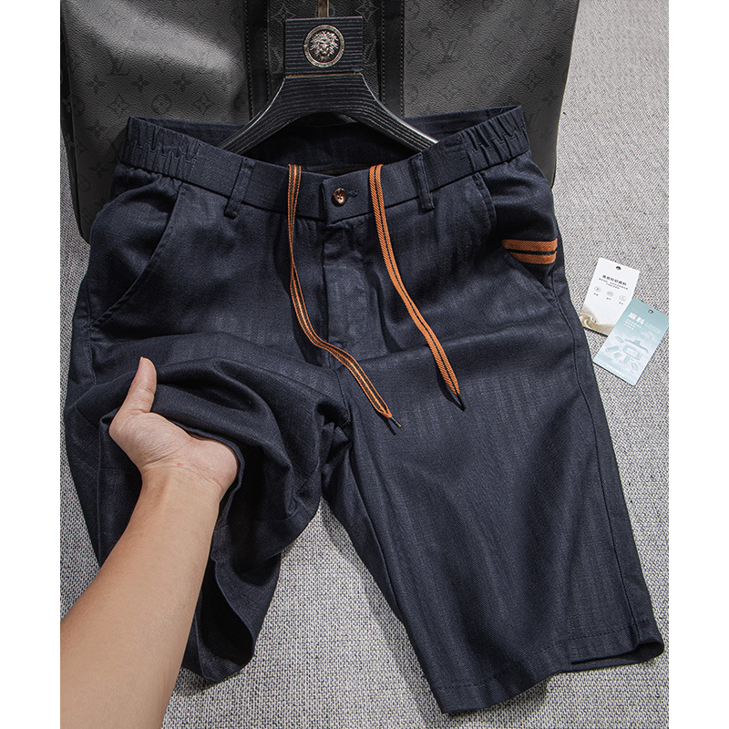 Lightweight summer Lyocell linen five-point shorts for men, old-fashioned style, breathable and versatile, blue drawstring casual shorts for men.